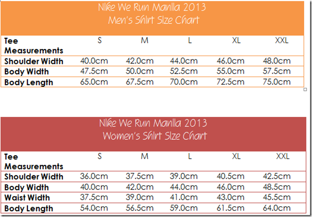 Nike We Run Manila 2013 shirt size chart