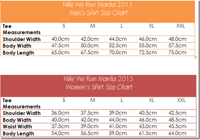 Color Run Shirt Size Chart